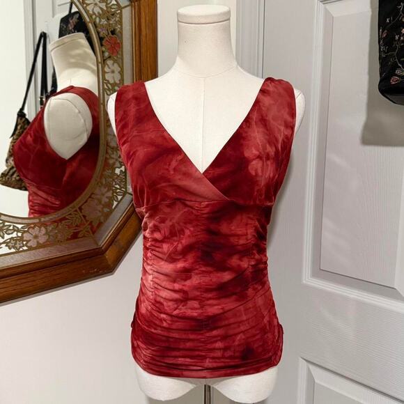 VTG Y2K Amiga Red Tie Dye Ruched Mesh V Neck Sleeveless Form Fitting Top M/S - Picture 1 of 7